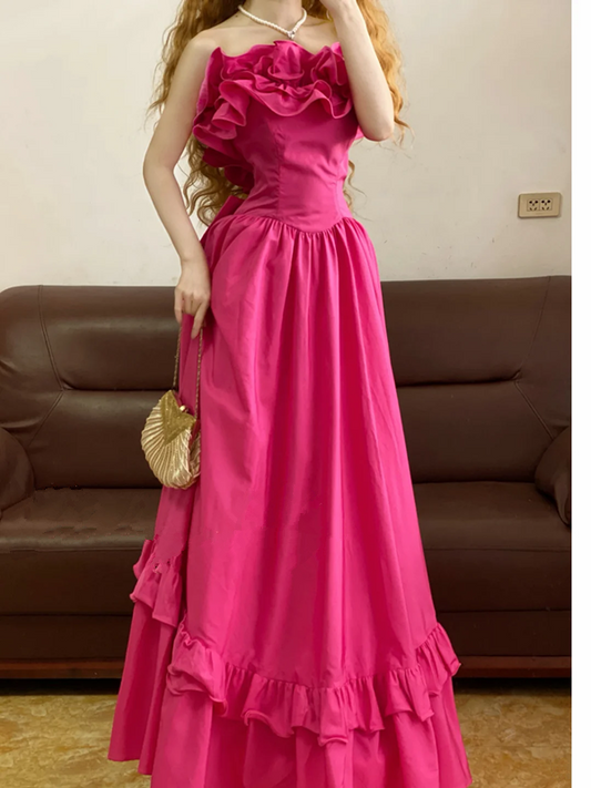Fuchsia Strapless Ruffled Waist-Cinched Fitted Long-Length Ball Gown, Bridal Gown R7326