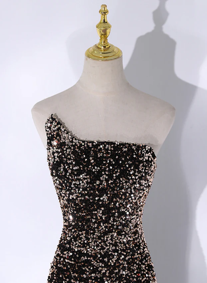 Shiny Black Strapless Sequins Tulle Mermaid Long Party Dress MD7343
