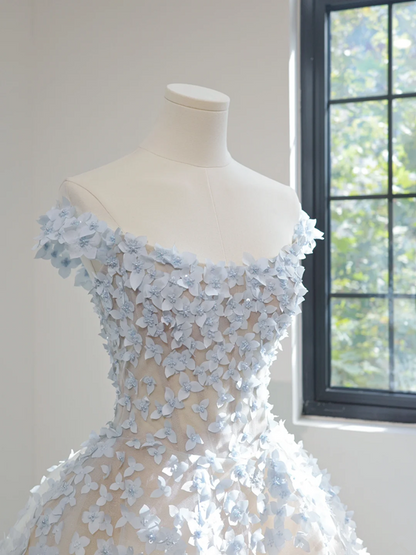 Light blue floral appliqué strapless fitted waist ball gown/bridal dress R8458