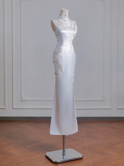 White Chinese-style cheongsam, fitted waist, elegant ball gown/bridal dress R8233