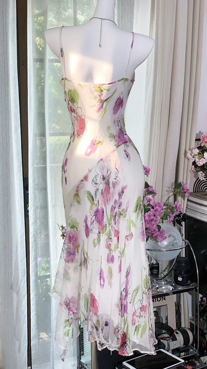 White dress with pink floral print, fitted waist, sexy long ball gown R7647