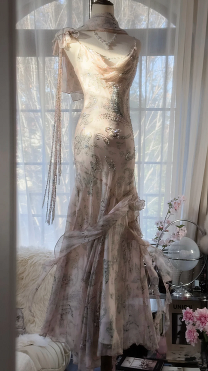 Light pink floral print halter-neck fitted bodycon long ball gown R7688