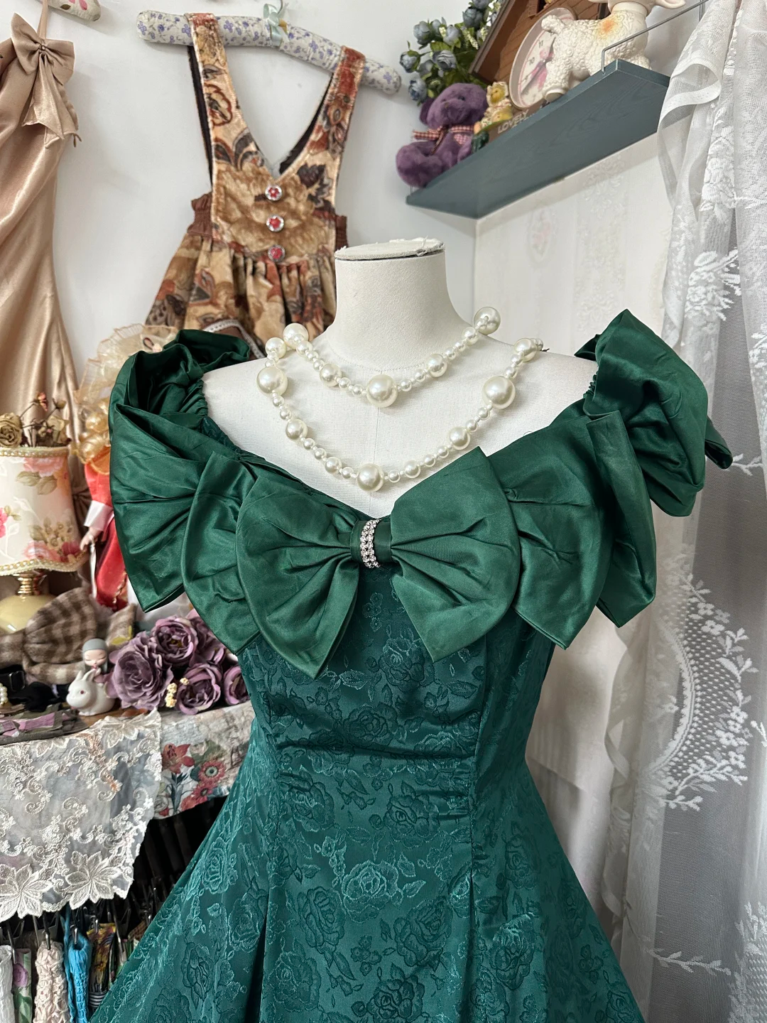 Dark green off-the-shoulder satin waist slim-fit retro temperament long skirt ball gown R6174