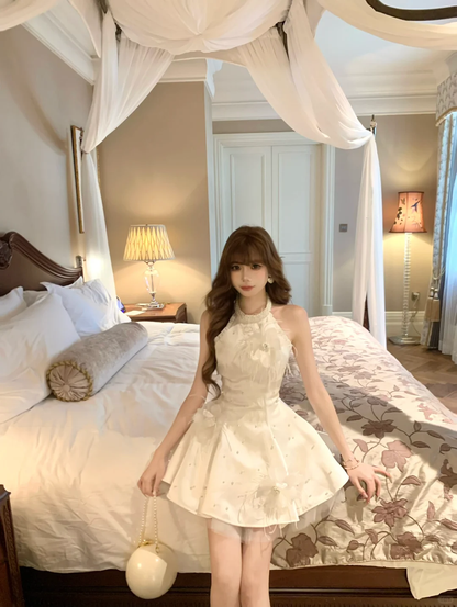 White halter neck slim waist A-line temperament short skirt homecoming dress R4253