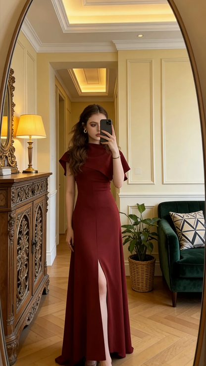 Burgundy shawl fitted waist sexy slit ball gown bridal dress R8585