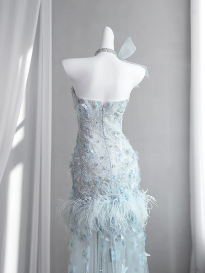 Light blue strapless, fitted, bodycon, sexy short ball gown/bridal dress R8428