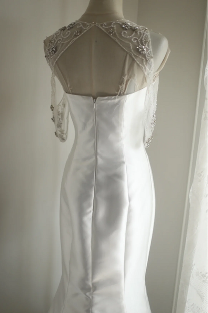 White satin fitted mermaid long ball gown/bridal dress R6772