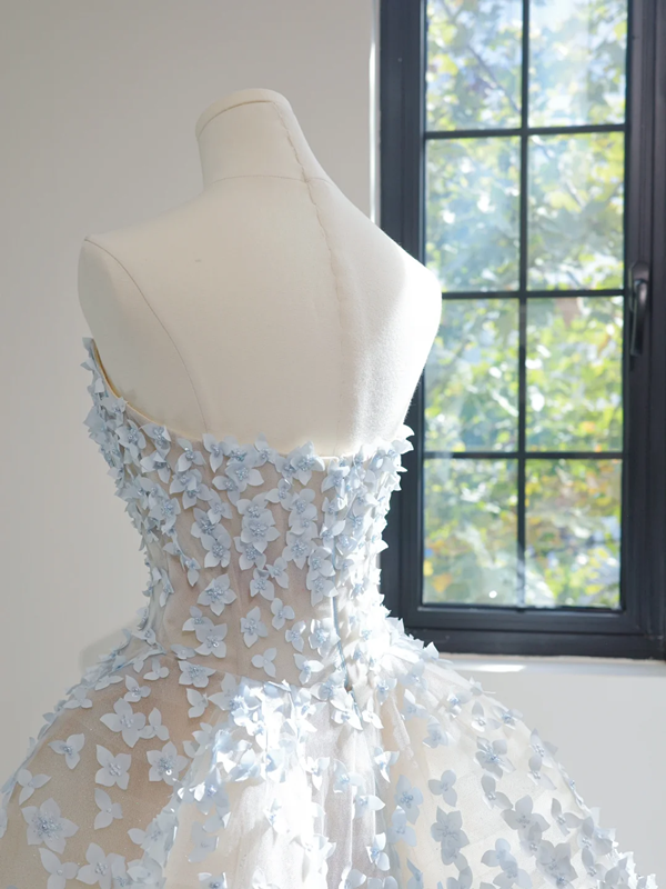 Light blue floral appliqué strapless fitted waist ball gown/bridal dress R8458