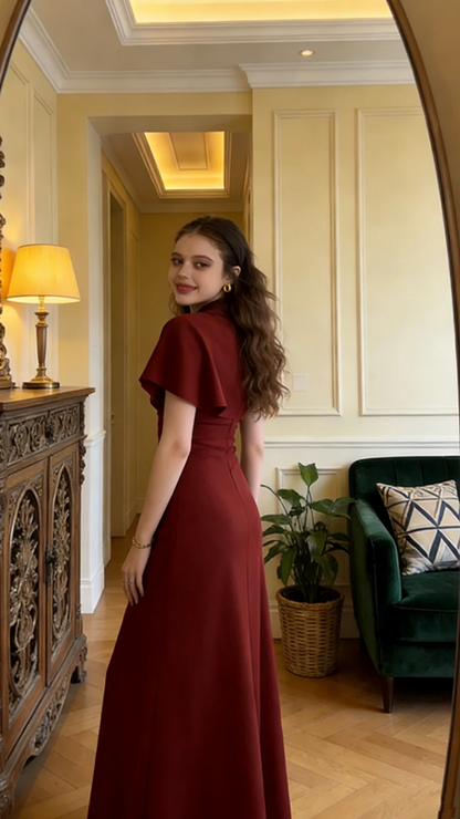 Burgundy shawl fitted waist sexy slit ball gown bridal dress R8585