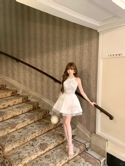 White halter neck slim waist A-line temperament short skirt homecoming dress R4253