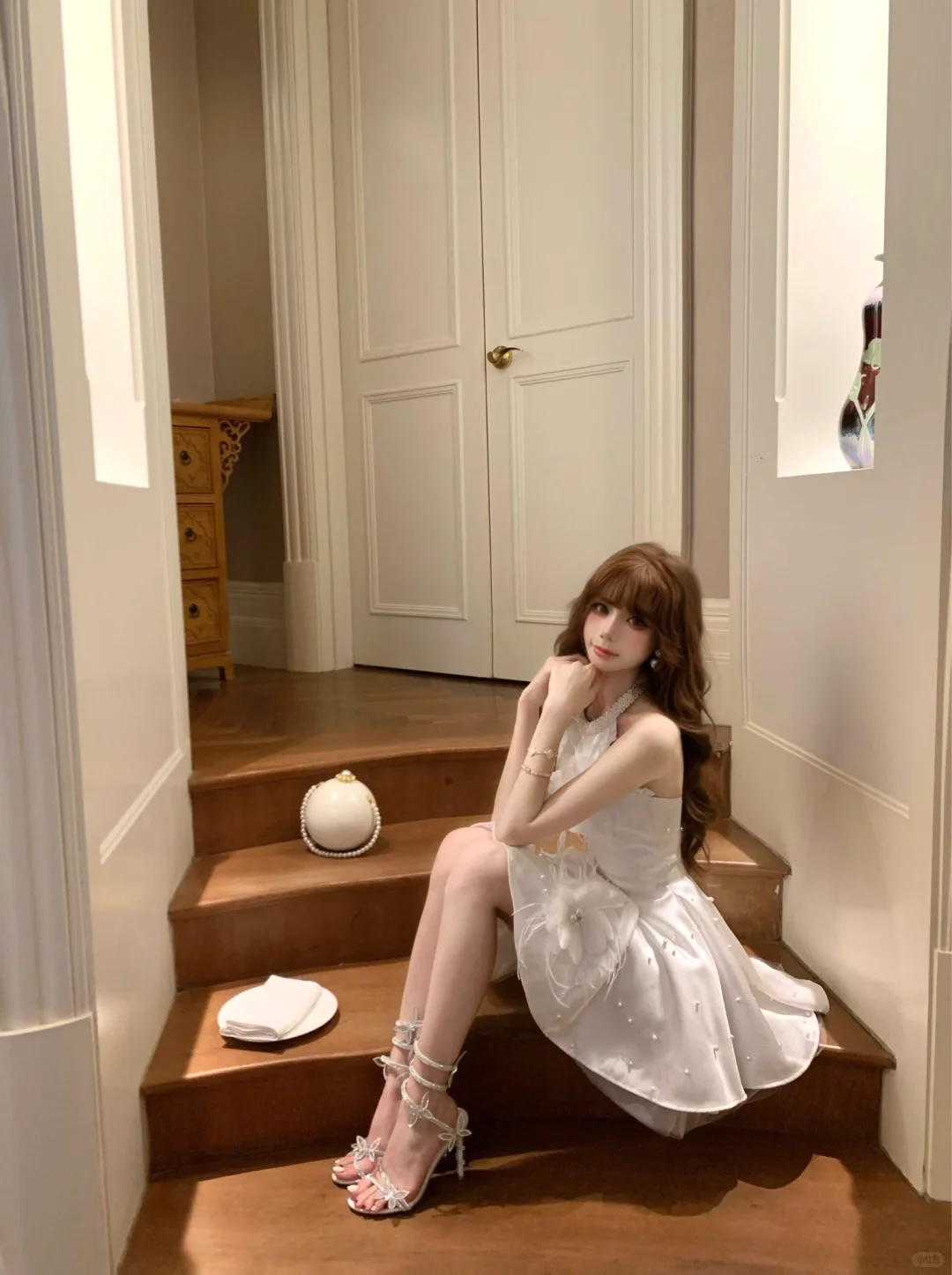 White halter neck slim waist A-line temperament short skirt homecoming dress R4253