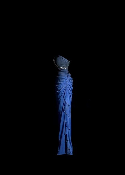 Gradient dark blue strapless fitted long ball gown R6653