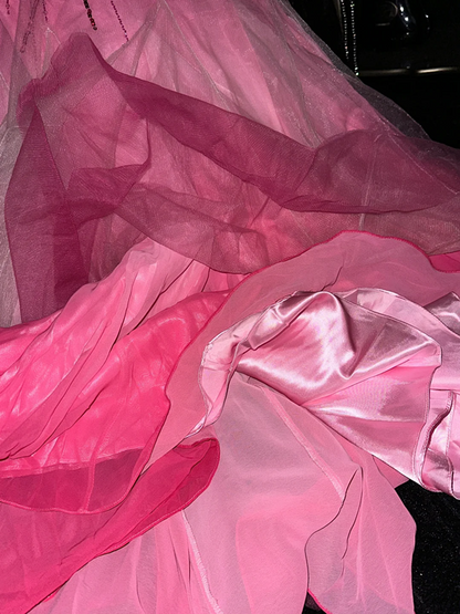 Gradient pink halter neck strapless waist slim-fit long ball gown R6972
