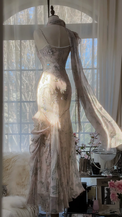 Light pink floral print halter-neck fitted bodycon long ball gown R7688
