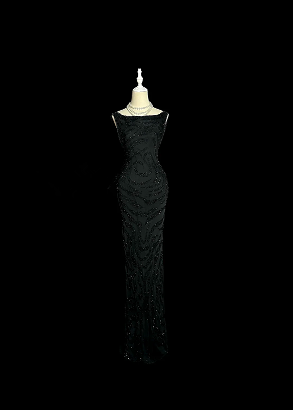 Black sleeveless sequined fitted waist sexy ball gown R6613