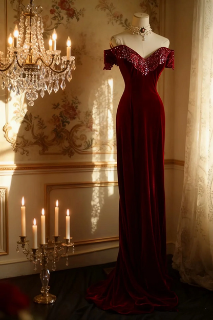 Red off-the-shoulder fitted long ball gown R6733