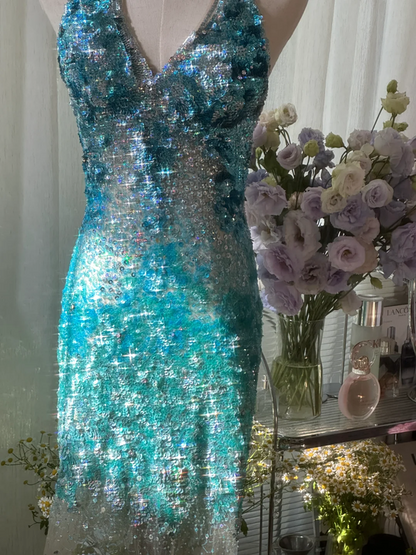 Light blue gradient sequined halter neck fitted waist bodycon short prom dress R7759