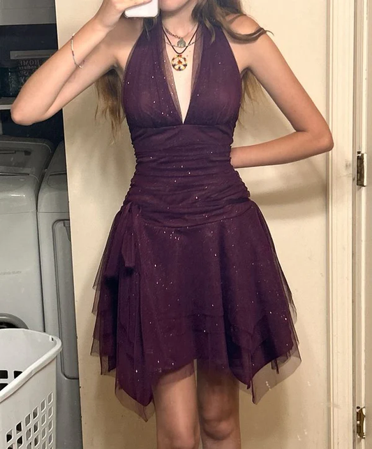 Dusty Purple Halter A-Line Chiffon Short Party Dresses Homecoming Dresses, D1223