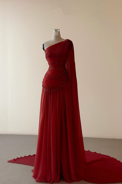 Classy A Line One Shoulder Pink Chiffon Evening Gown Prom Dresses