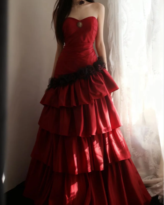 Vintage Red Strapless Satin Layered Mermaid Evening Dress Long Party Dress D2311