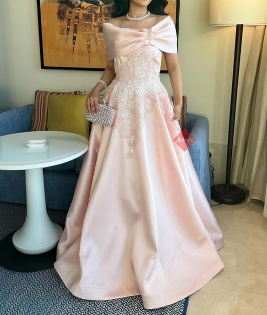 Cute Pink Off The Shoulder Satin Appliques Formal Princess Party Dress Prom Gown