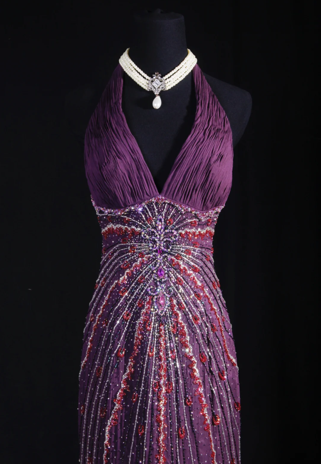 Purple Vintage V Neck Halter Satin Beaded Mermaid Long Party Dress Backless Evening Gown
