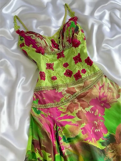 Unique Spaghetti Straps Chiffon Printed Floral Mermaid Evening Dress Long Party Gown