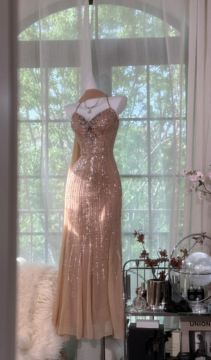Sparkly Spaghetti Straps Chiffon Sequin Beaded Mermaid Long Party Dress Wedding Guest Dress D2098