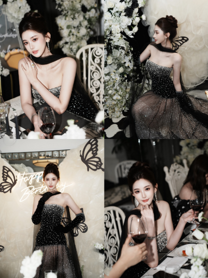 Gorgeous Black Strapless Tulle Beaded Mermaid Evening Dress Long Prom Dresses D1926