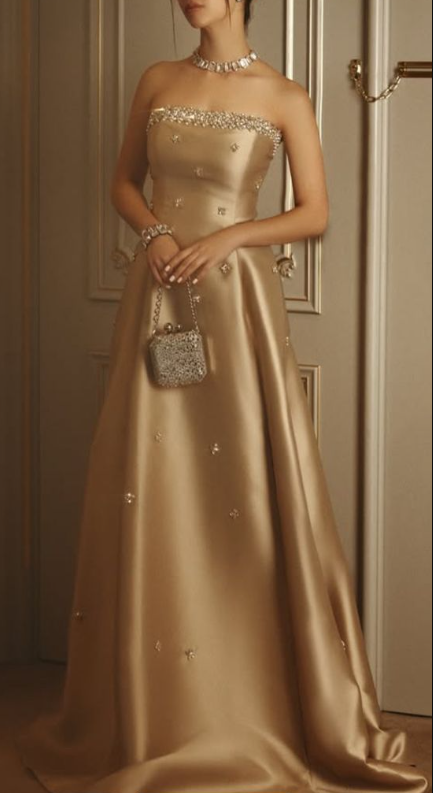 Fashion Strapless Champagne Satin Beaded Long Party Dress Evening Gown