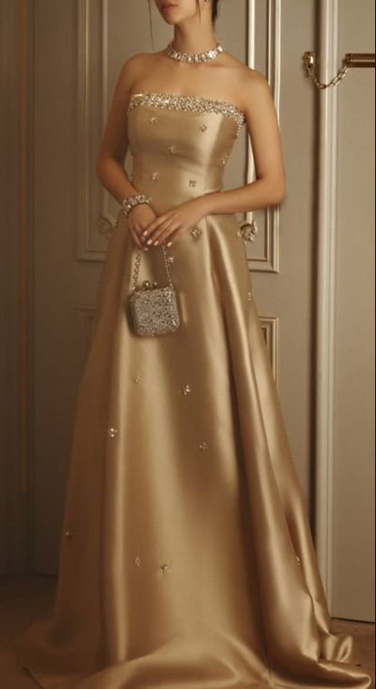 Fashion Strapless Champagne Satin Beaded Long Party Dress Evening Gown