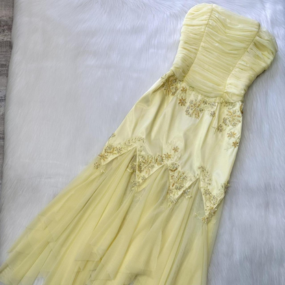 Elegant Strapless Yellow Chiffon Satin Beaded Mermaid Evening Dress Birthday Party Dress D1317