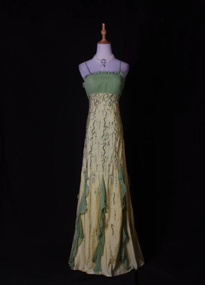 Chic Spaghetti Straps Yellow-green Satin Beaded Mermaid Long Party Dress Birthday Evening Gown With Ruffles