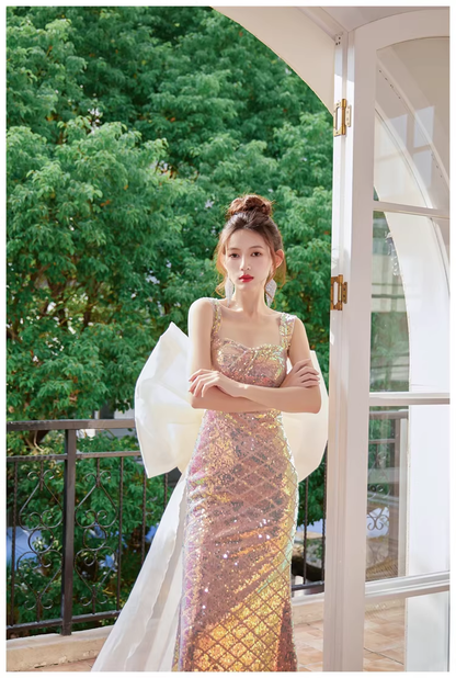 Glitter Spaghetti Straps Sequin Mermaid Long Party Dress Evening Gown With Bow