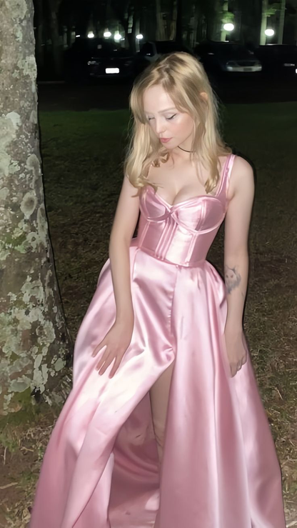 Simple Pink A-Line Satin Party Dress, Side Slit Prom Dress Evening Dress Y8563