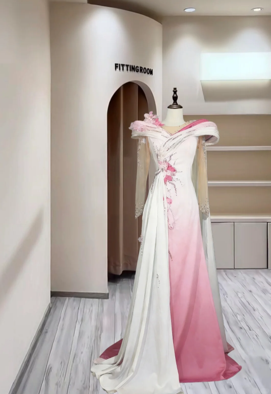 Elegant Satin Pleated Beaded Ball Gown Ombre Pink Long Evening Dress