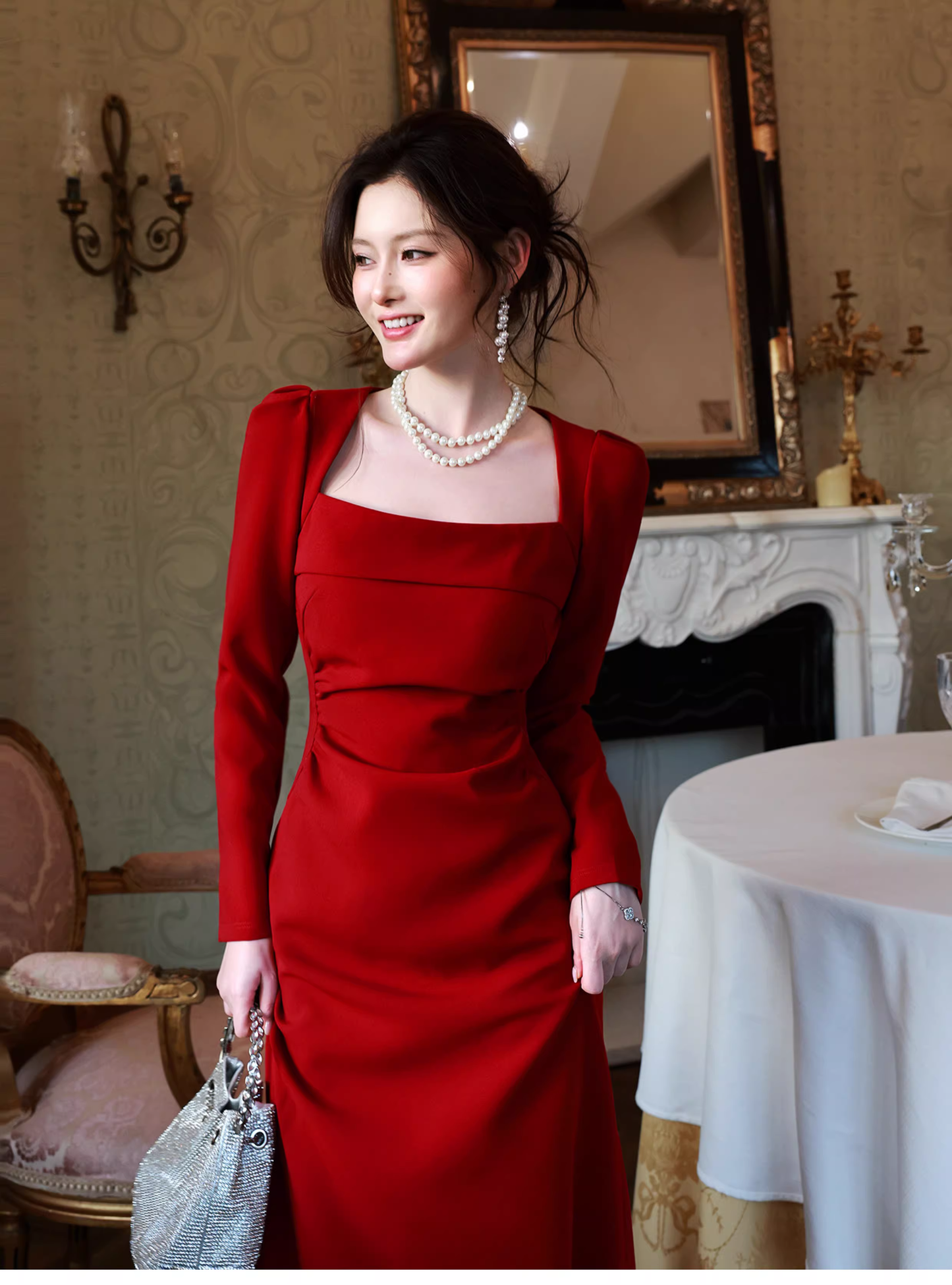 Pretty Red Satin Pleated Mermaid Formal Wedding Guest Dress Long Evening Dress SP1654