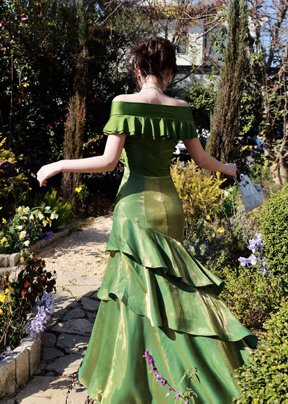 Glamorous Off The Shoulder Green Satin Ruffles Layered Mermaid Evening Dress Long Birthday Outfits SP1644