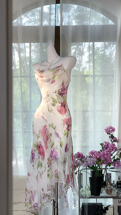 White dress with pink floral print, fitted waist, sexy long ball gown R7647