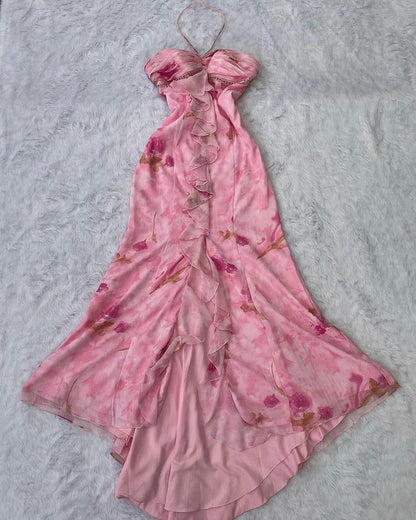 Pink floral halterneck slim-waist long dress, prom dress R5423