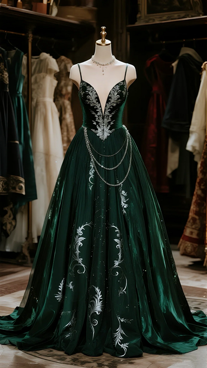 Dark green suspender satin waist slim elegant long skirt ball gown R6072