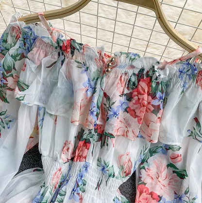 Holiday one-shoulder off-shoulder printed chiffon jumpsuit skirt super fairy wide-leg pants jumpsuit R0380