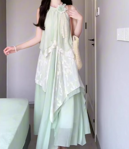 Green sleeveless halter dress irregular gentle temperament loose beach dress R0705