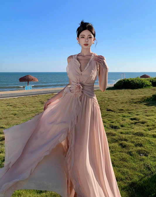 Ruffled V-neck halter dress beautiful waist A-line long skirt R0566