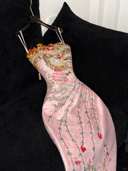 Sparkling Pink Beaded Sequined Design Elegant Mermaid Prom Dress Evening Dress D1694