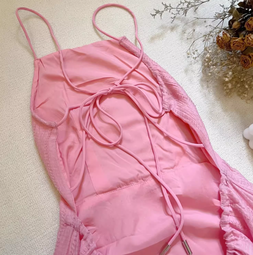 2025 new summer light peach pink sleeveless large swing backless holiday fairy back lace-up dress R0302