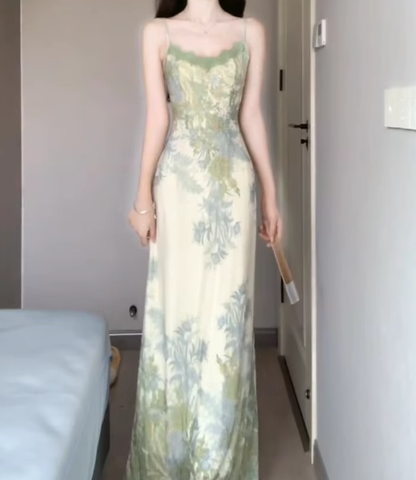 Floral suspender dress beautiful waist dating dress summer R0730