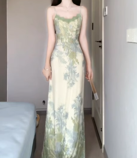 Floral suspender dress beautiful waist dating dress summer R0730