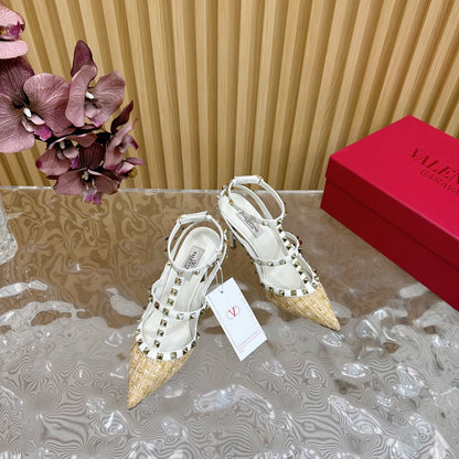 Rockstud Pump In Dark Beige Mix White Pied-de-poule Fabric And Cowhide 95mm 102083