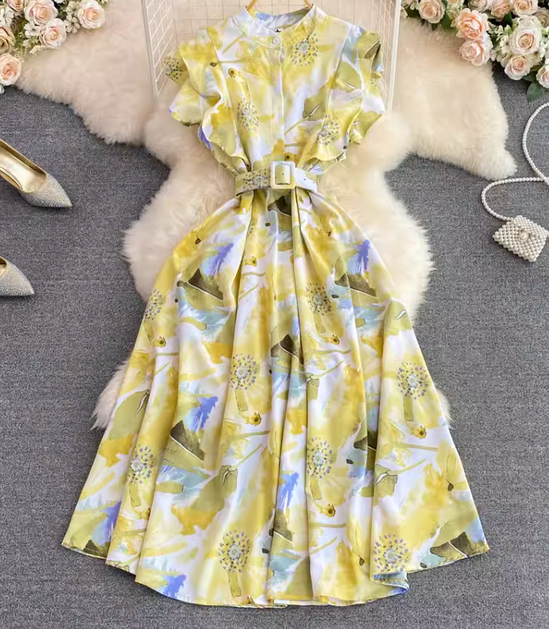Gentle style stand-up collar, slim waist, printed A-line long swing dress 2025 high waist elegant long skirt R0359